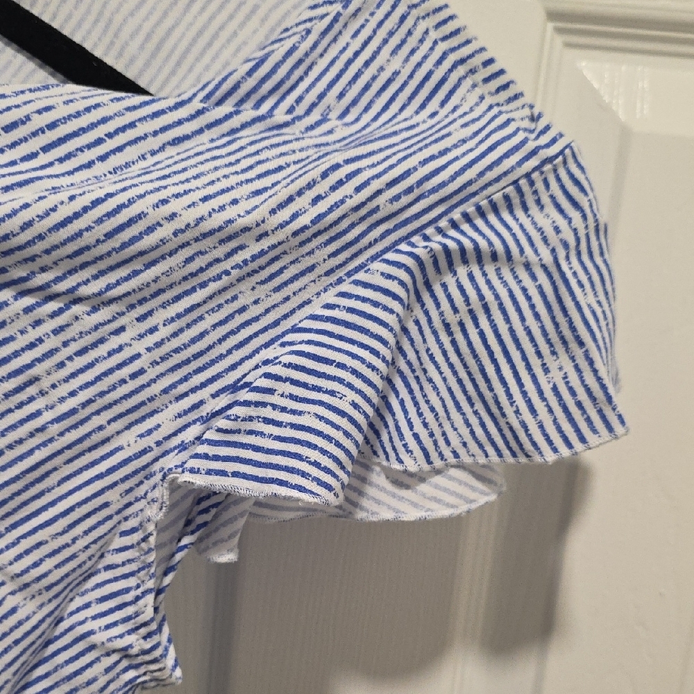 Grand & Greene, Blue and White Stripe Flutter Sleeve Button Down Shirt - Picture 12 of 13